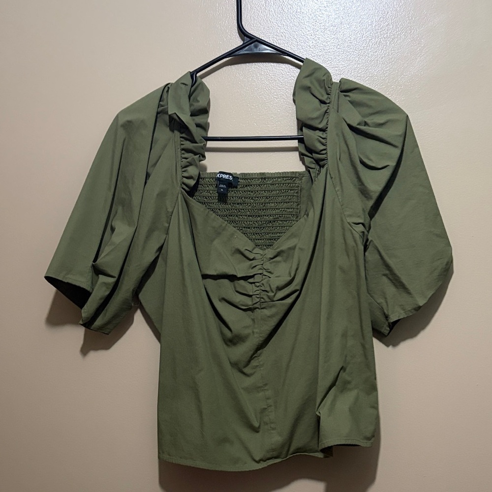Express Olive Green Puff Sleeve Blouse